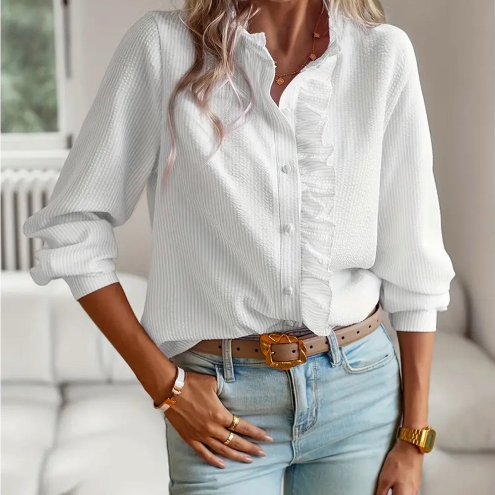 White Ruffled Button-Up Blouse - Picture 8 of 10
